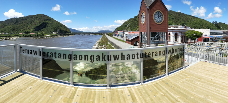 Grey District, New Zealand waterside deck and clock.
